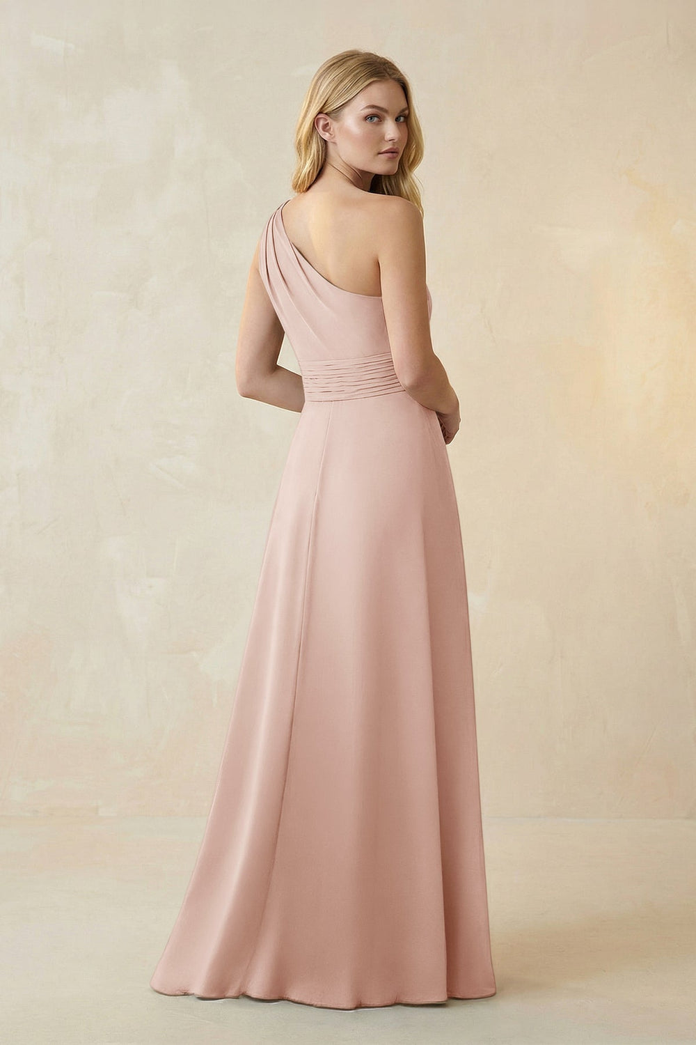 One - Shoulder Ruched A - Line Satin Bridesmaid Dress in Pale Blush - KissProm Bridesmaid Dresses