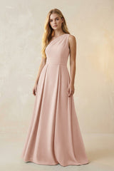 One - Shoulder Ruched A - Line Satin Bridesmaid Dress in Pale Blush - KissProm Bridesmaid Dresses