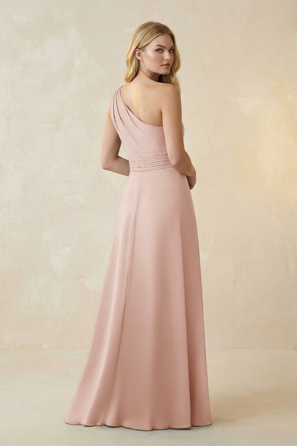 One - Shoulder Ruched A - Line Satin Bridesmaid Dress in Pale Blush - KissProm Bridesmaid Dresses