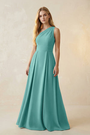 One - Shoulder Ruched A - Line Satin Bridesmaid Dress in Pale Pistachio - KissProm Bridesmaid Dresses