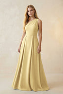 One - Shoulder Ruched A - Line Satin Bridesmaid Dress in Pastel Yellow - KissProm Bridesmaid Dresses