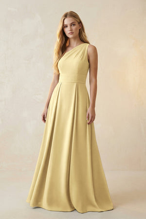 One - Shoulder Ruched A - Line Satin Bridesmaid Dress in Pastel Yellow - KissProm Bridesmaid Dresses