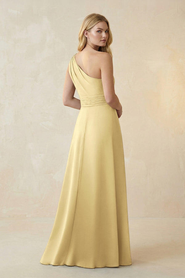 One - Shoulder Ruched A - Line Satin Bridesmaid Dress in Pastel Yellow - KissProm Bridesmaid Dresses