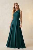 One - Shoulder Ruched A - Line Satin Bridesmaid Dress in Pine - KissProm Bridesmaid Dresses