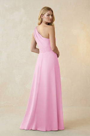 One - Shoulder Ruched A - Line Satin Bridesmaid Dress in Pink - KissProm Bridesmaid Dresses