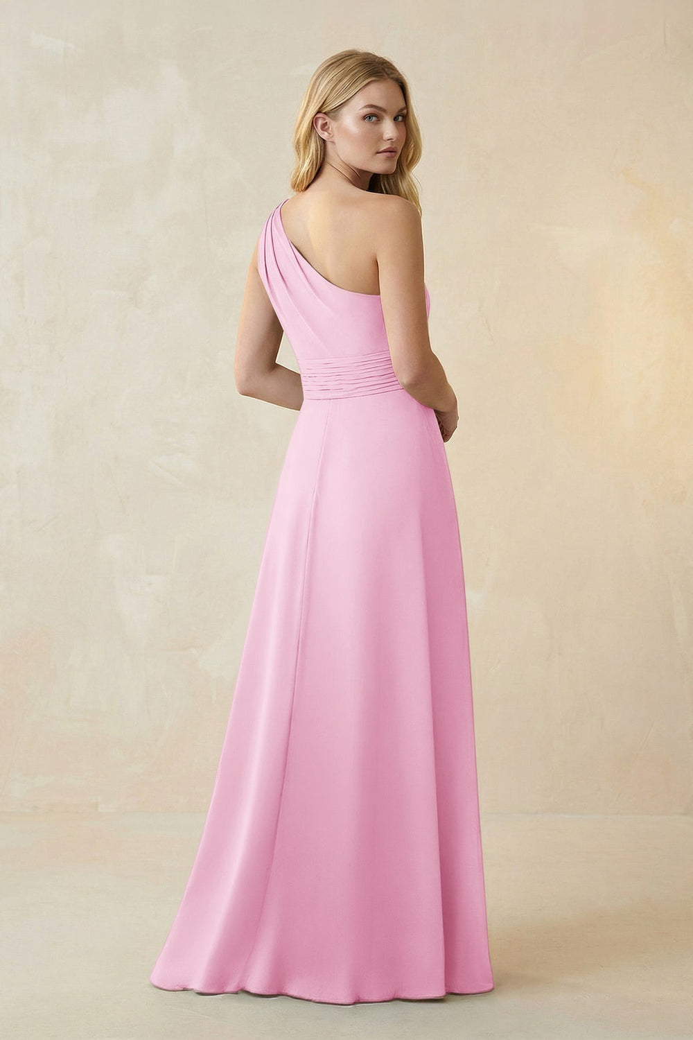 One - Shoulder Ruched A - Line Satin Bridesmaid Dress in Pink - KissProm Bridesmaid Dresses