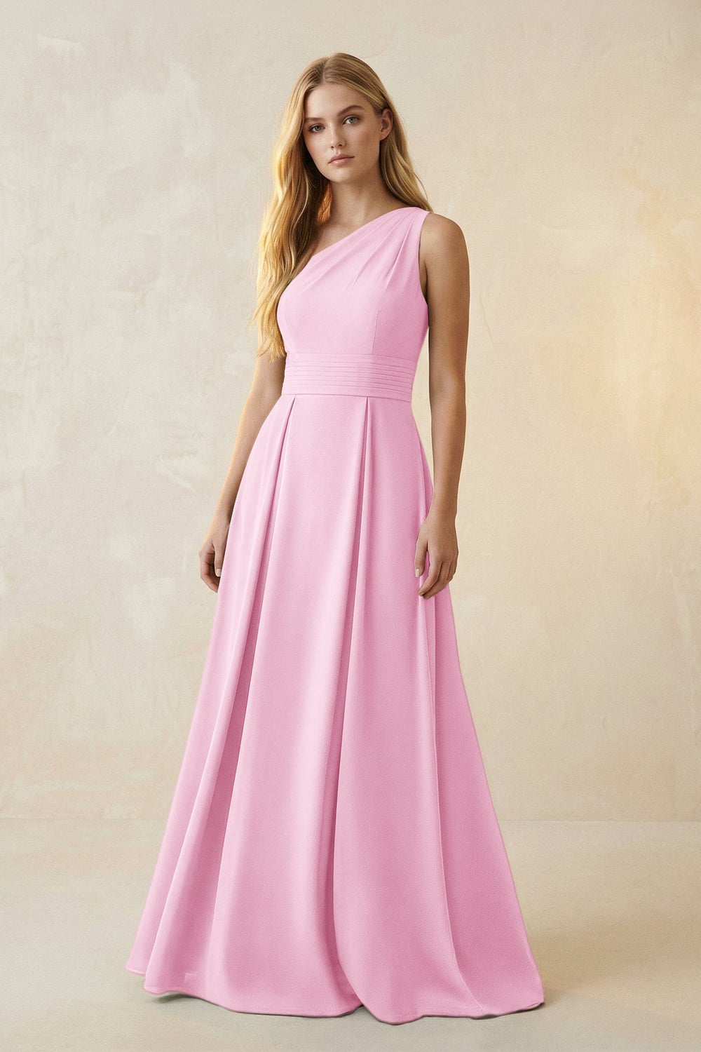 One - Shoulder Ruched A - Line Satin Bridesmaid Dress in Pink - KissProm Bridesmaid Dresses