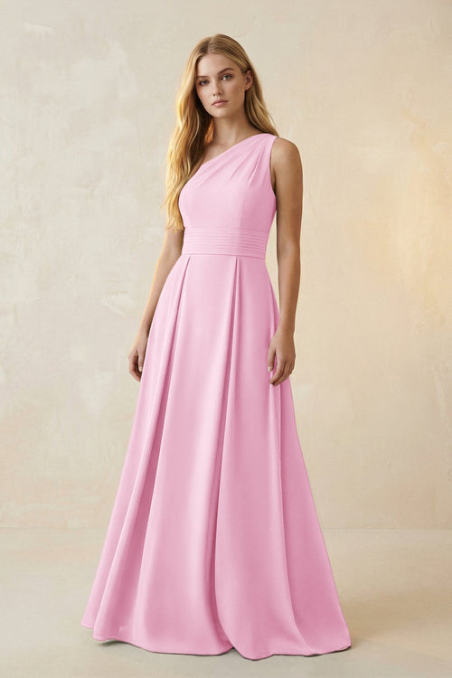 One - Shoulder Ruched A - Line Satin Bridesmaid Dress in Pink - KissProm Bridesmaid Dresses