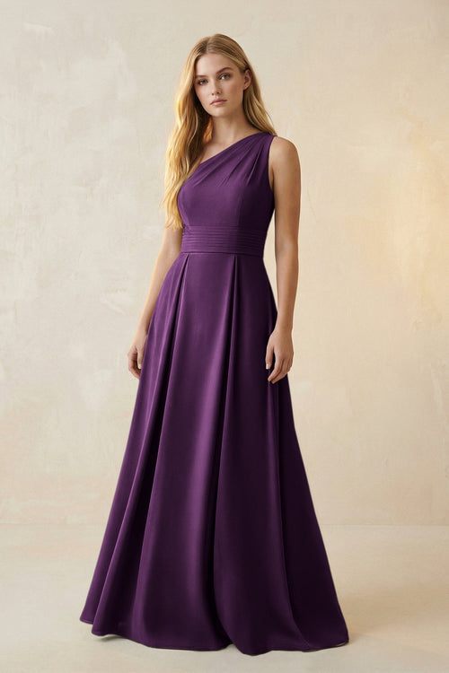 One - Shoulder Ruched A - Line Satin Bridesmaid Dress in Plum - KissProm Bridesmaid Dresses