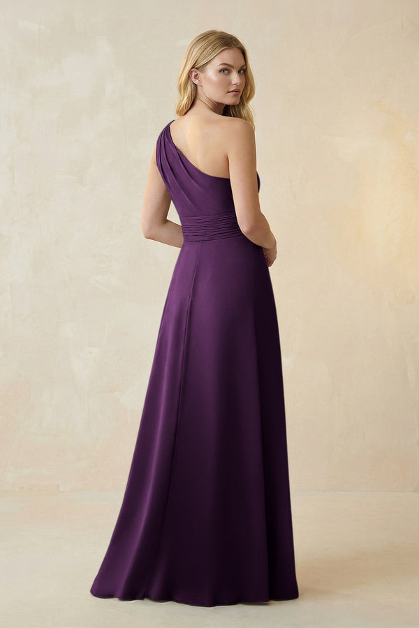 One - Shoulder Ruched A - Line Satin Bridesmaid Dress in Plum - KissProm Bridesmaid Dresses