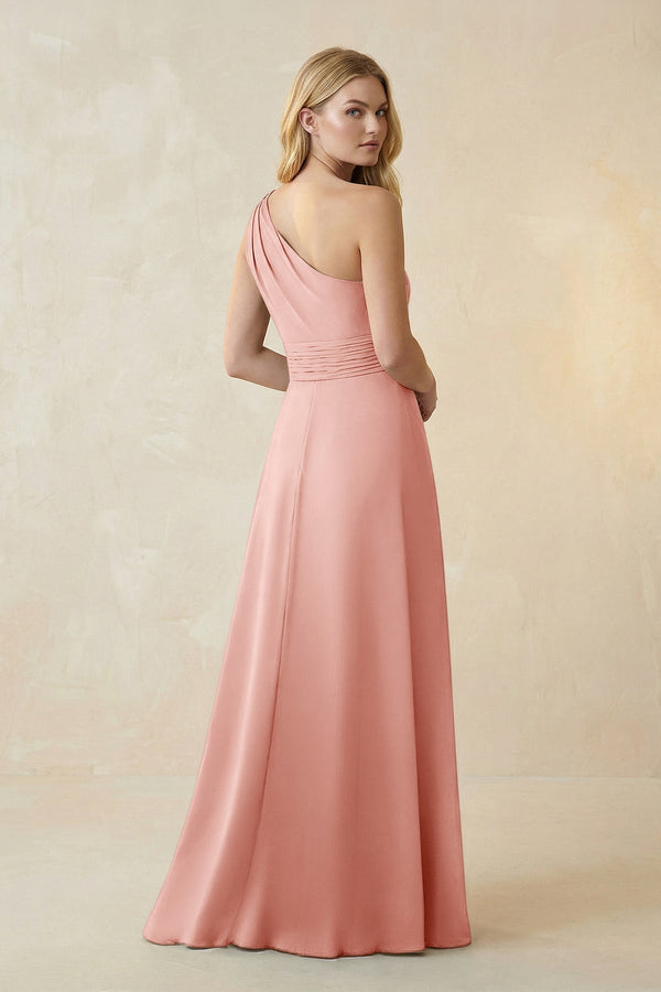One - Shoulder Ruched A - Line Satin Bridesmaid Dress in Rose Petal - KissProm Bridesmaid Dresses