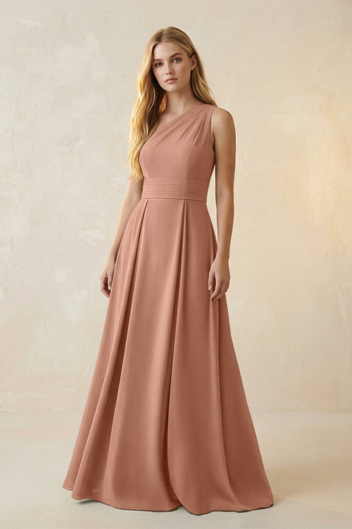 One - Shoulder Ruched A - Line Satin Bridesmaid Dress in Rosette - KissProm Bridesmaid Dresses