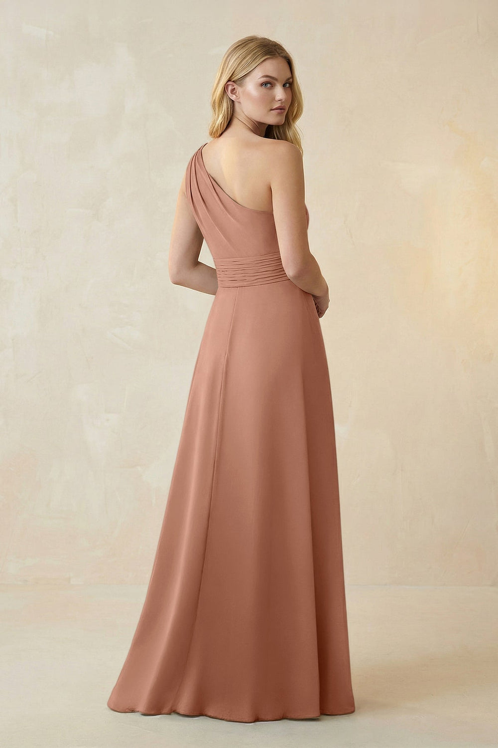 One - Shoulder Ruched A - Line Satin Bridesmaid Dress in Rosette - KissProm Bridesmaid Dresses