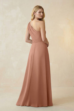 One - Shoulder Ruched A - Line Satin Bridesmaid Dress in Rosette - KissProm Bridesmaid Dresses