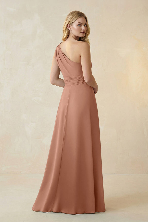 One - Shoulder Ruched A - Line Satin Bridesmaid Dress in Rosette - KissProm Bridesmaid Dresses
