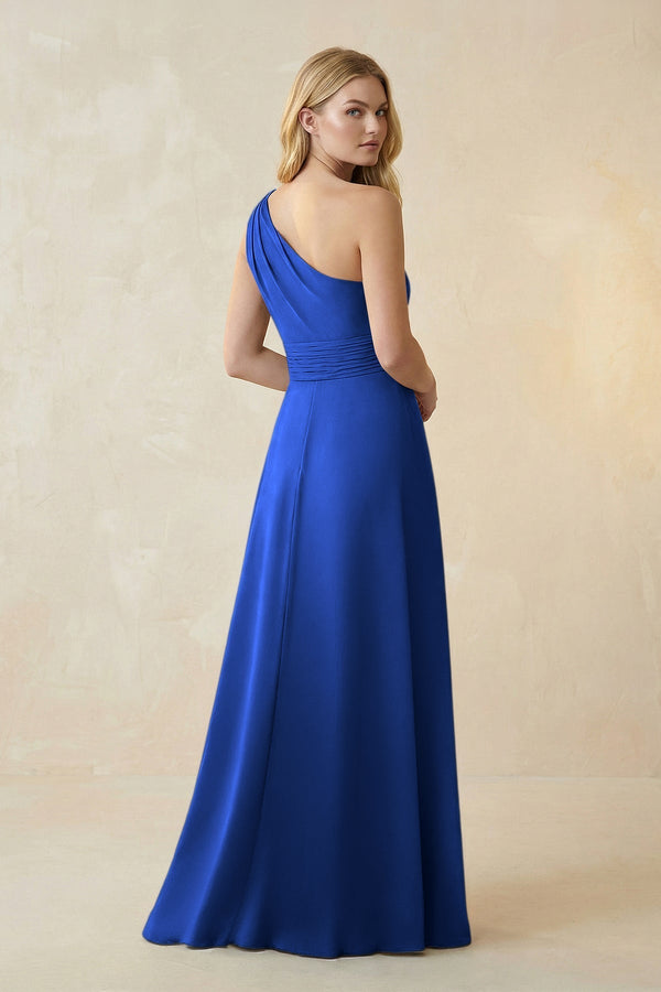 One - Shoulder Ruched A - Line Satin Bridesmaid Dress in Royal Blue - KissProm Bridesmaid Dresses