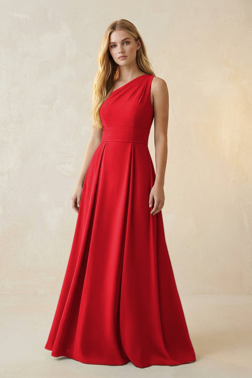 One - Shoulder Ruched A - Line Satin Bridesmaid Dress in Ruby Red - KissProm Bridesmaid Dresses