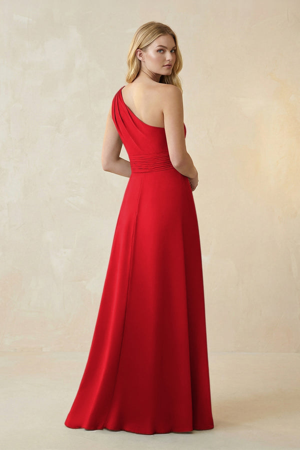 One - Shoulder Ruched A - Line Satin Bridesmaid Dress in Ruby Red - KissProm Bridesmaid Dresses