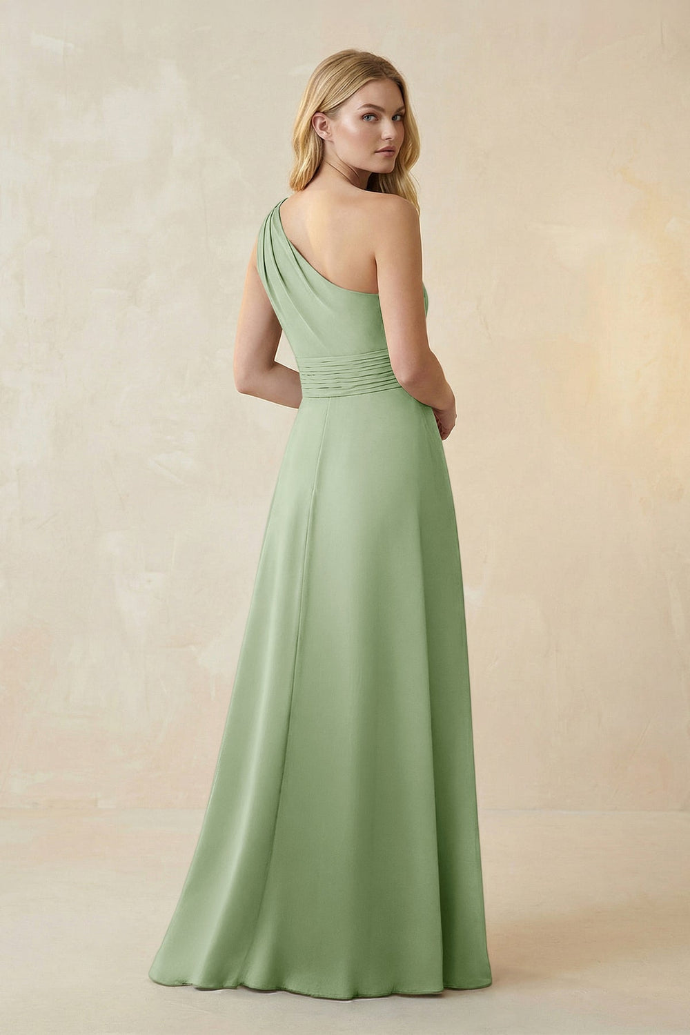 One - Shoulder Ruched A - Line Satin Bridesmaid Dress in Sage - KissProm Bridesmaid Dresses