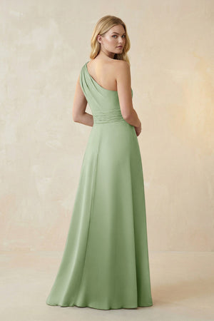 One - Shoulder Ruched A - Line Satin Bridesmaid Dress in Sage - KissProm Bridesmaid Dresses