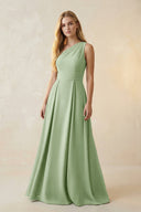 One - Shoulder Ruched A - Line Satin Bridesmaid Dress in Sage - KissProm Bridesmaid Dresses