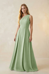 One - Shoulder Ruched A - Line Satin Bridesmaid Dress in Sage - KissProm Bridesmaid Dresses