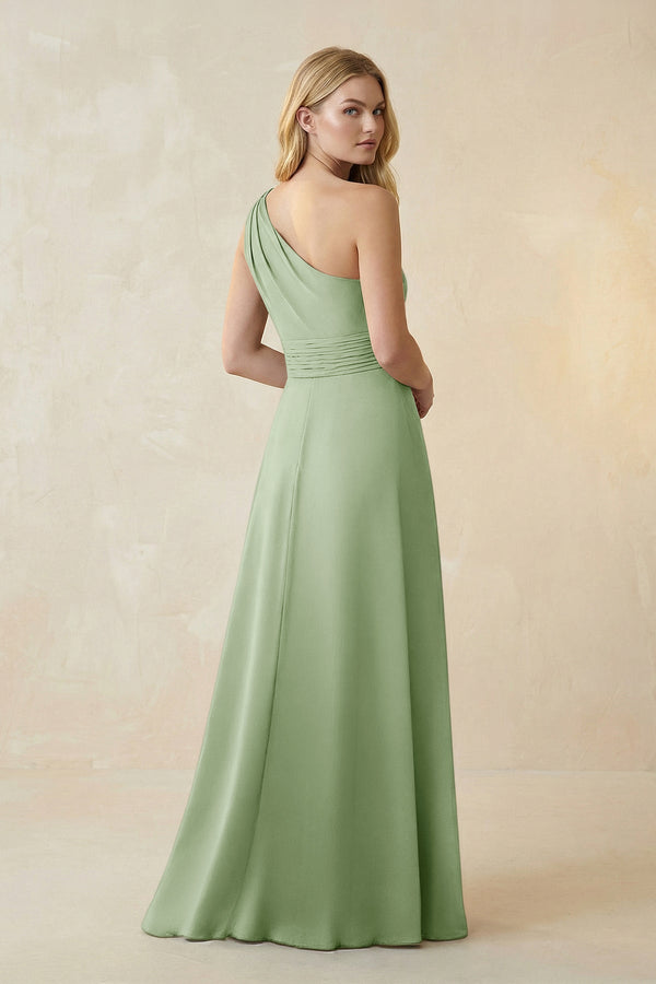 One - Shoulder Ruched A - Line Satin Bridesmaid Dress in Sage - KissProm Bridesmaid Dresses