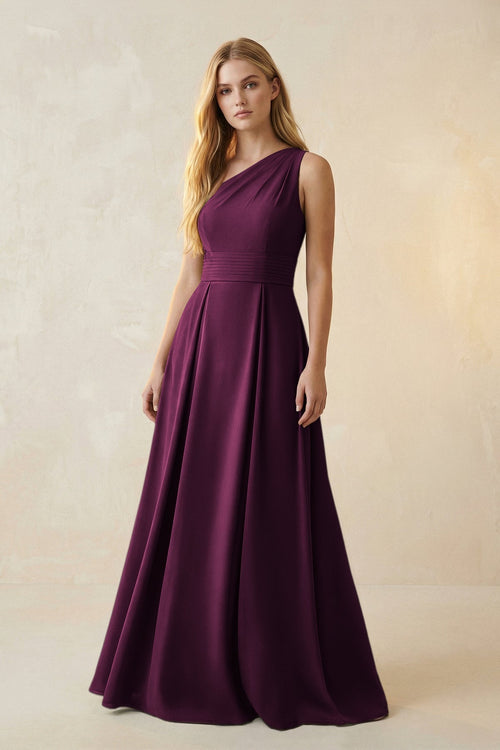 One - Shoulder Ruched A - Line Satin Bridesmaid Dress in Sangria - KissProm Bridesmaid Dresses