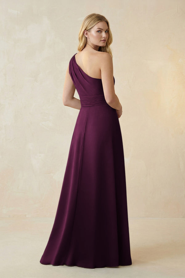 One - Shoulder Ruched A - Line Satin Bridesmaid Dress in Sangria - KissProm Bridesmaid Dresses