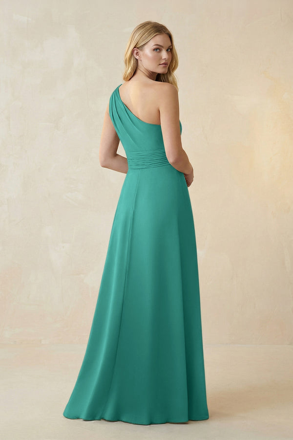 One - Shoulder Ruched A - Line Satin Bridesmaid Dress in Sea Glass - KissProm Bridesmaid Dresses