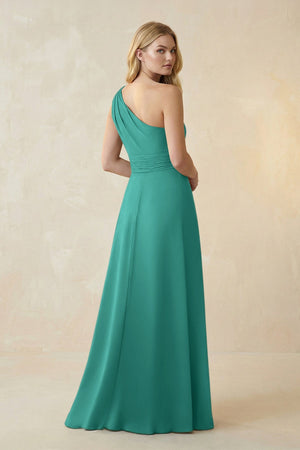 One - Shoulder Ruched A - Line Satin Bridesmaid Dress in Sea Glass - KissProm Bridesmaid Dresses