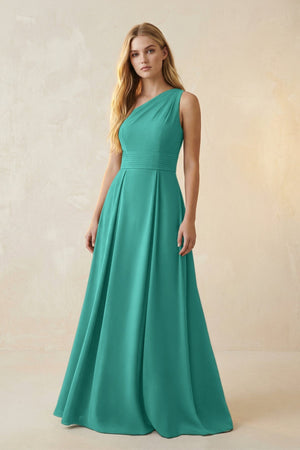 One - Shoulder Ruched A - Line Satin Bridesmaid Dress in Sea Glass - KissProm Bridesmaid Dresses