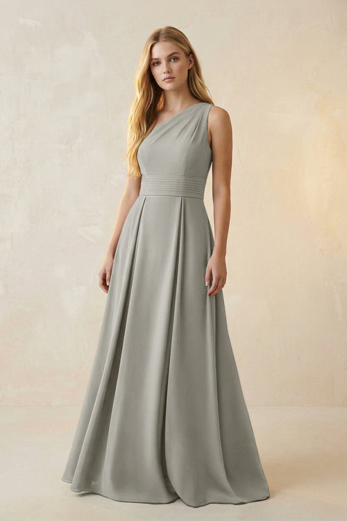 One - Shoulder Ruched A - Line Satin Bridesmaid Dress in Silver - KissProm Bridesmaid Dresses