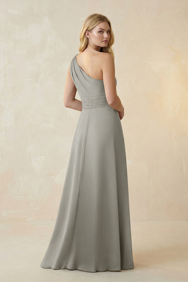 One - Shoulder Ruched A - Line Satin Bridesmaid Dress in Silver - KissProm Bridesmaid Dresses