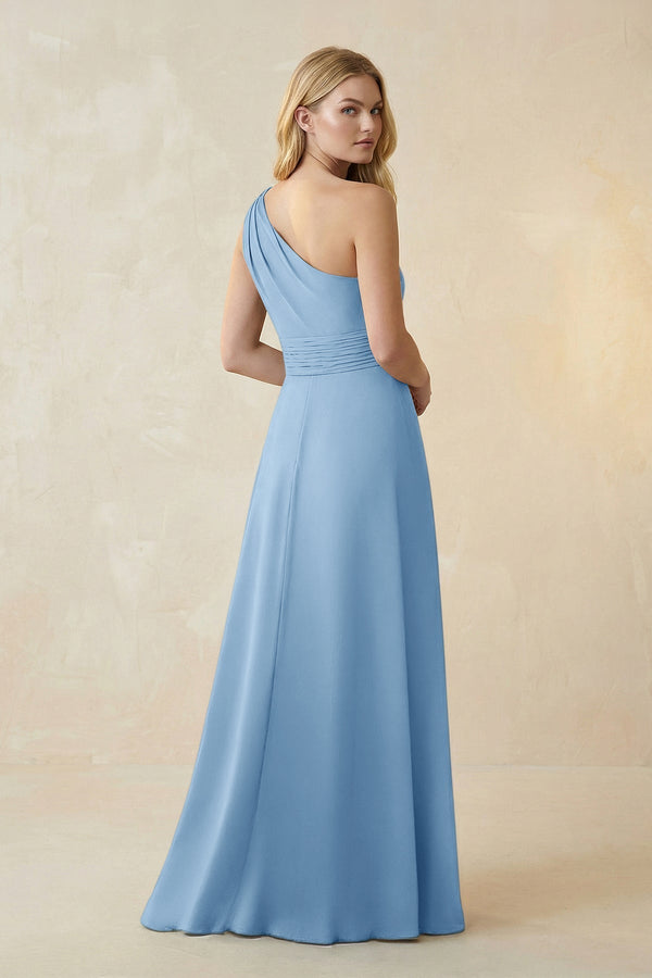 One - Shoulder Ruched A - Line Satin Bridesmaid Dress in Sky Blue - KissProm Bridesmaid Dresses