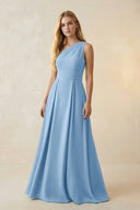 One - Shoulder Ruched A - Line Satin Bridesmaid Dress in Sky Blue - KissProm Bridesmaid Dresses