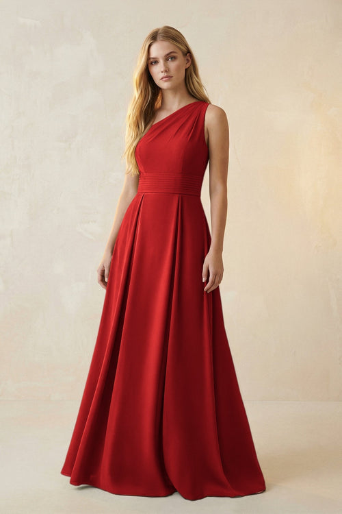 One - Shoulder Ruched A - Line Satin Bridesmaid Dress in Spice - KissProm Bridesmaid Dresses