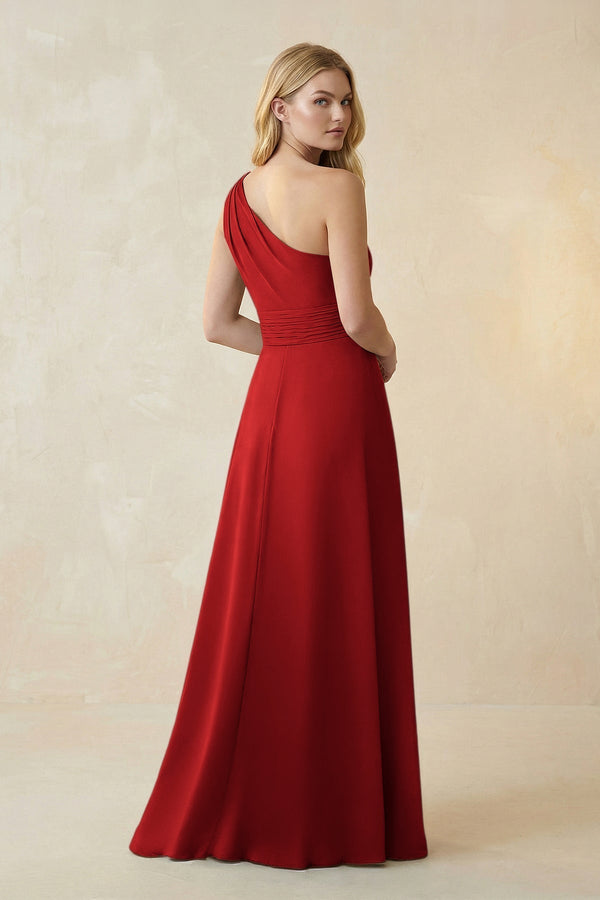 One - Shoulder Ruched A - Line Satin Bridesmaid Dress in Spice - KissProm Bridesmaid Dresses