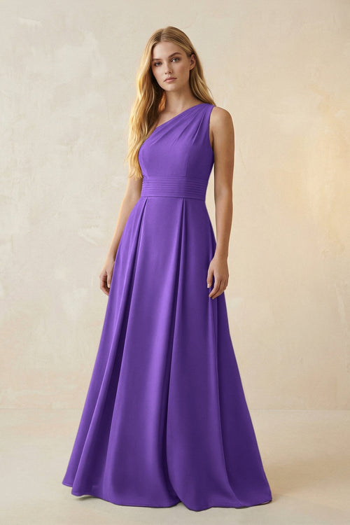 One - Shoulder Ruched A - Line Satin Bridesmaid Dress in Tahiti - KissProm Bridesmaid Dresses