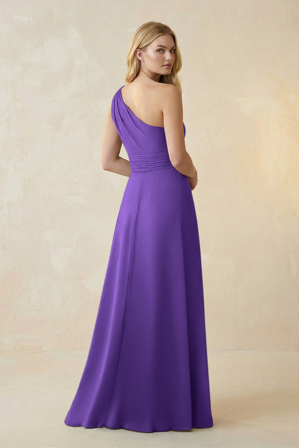 One - Shoulder Ruched A - Line Satin Bridesmaid Dress in Tahiti - KissProm Bridesmaid Dresses