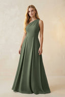 One - Shoulder Ruched A - Line Satin Bridesmaid Dress in Thyme - KissProm Bridesmaid Dresses