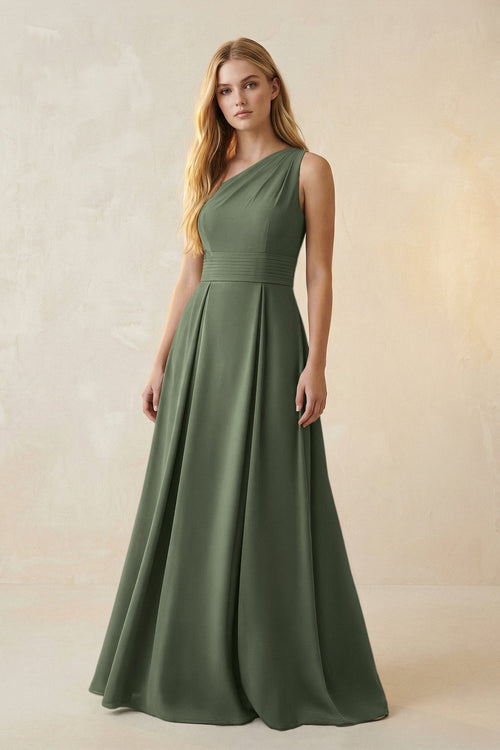 One - Shoulder Ruched A - Line Satin Bridesmaid Dress in Thyme - KissProm Bridesmaid Dresses