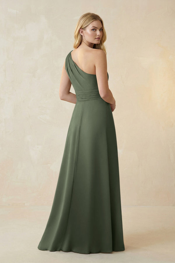 One - Shoulder Ruched A - Line Satin Bridesmaid Dress in Thyme - KissProm Bridesmaid Dresses