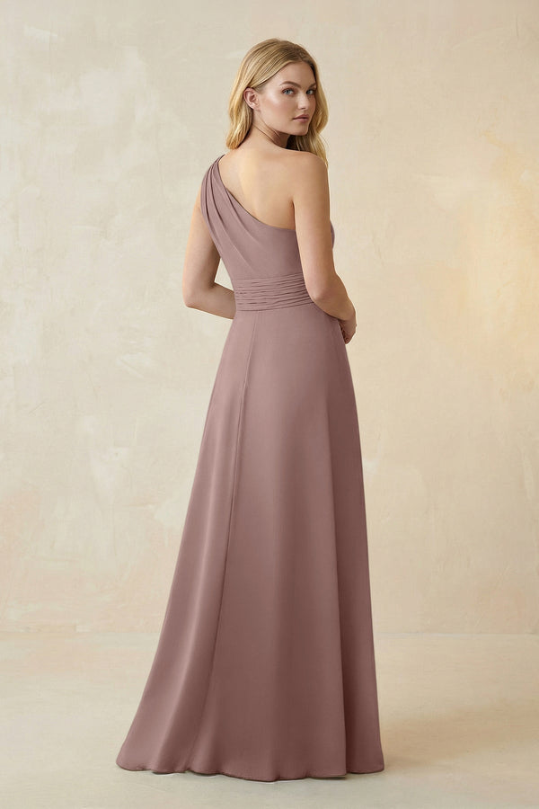 One - Shoulder Ruched A - Line Satin Bridesmaid Dress in Toffee - KissProm Bridesmaid Dresses