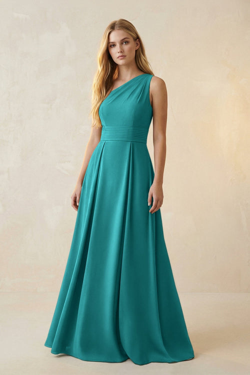 One - Shoulder Ruched A - Line Satin Bridesmaid Dress in Turquoise - KissProm Bridesmaid Dresses