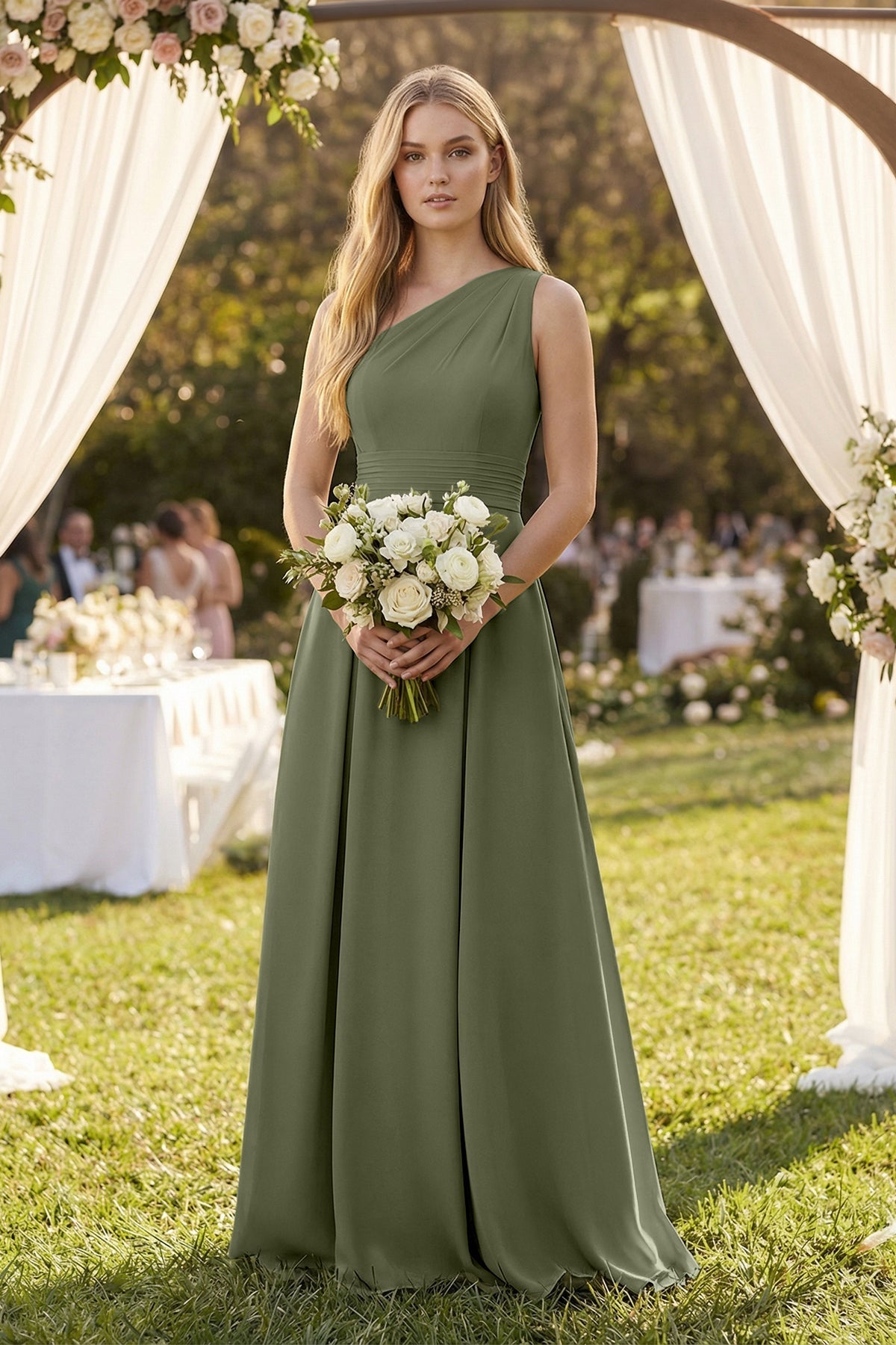 green ruched one shoulder dress KissProm main image 1