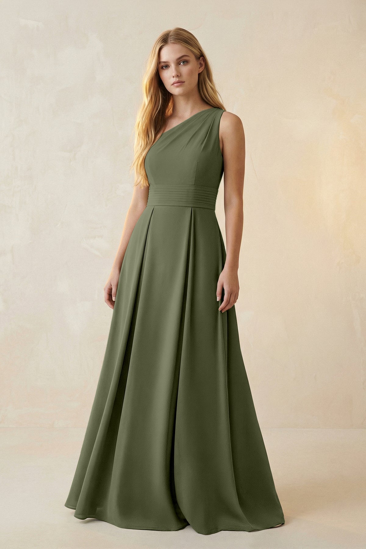 olive green satin bridesmaid dresses KissProm One-Shoulder Ruched A-Line Dress in Willow Green, Willow / 8 white top Size:Size Bigger Than 13 shoulder neckline and built Melissa Ombre Maxi Dress