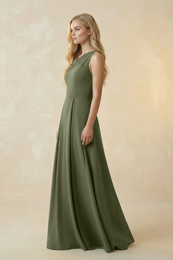One - Shoulder Ruched A - Line Satin Bridesmaid Dress in Willow Green - KissProm Bridesmaid Dresses
