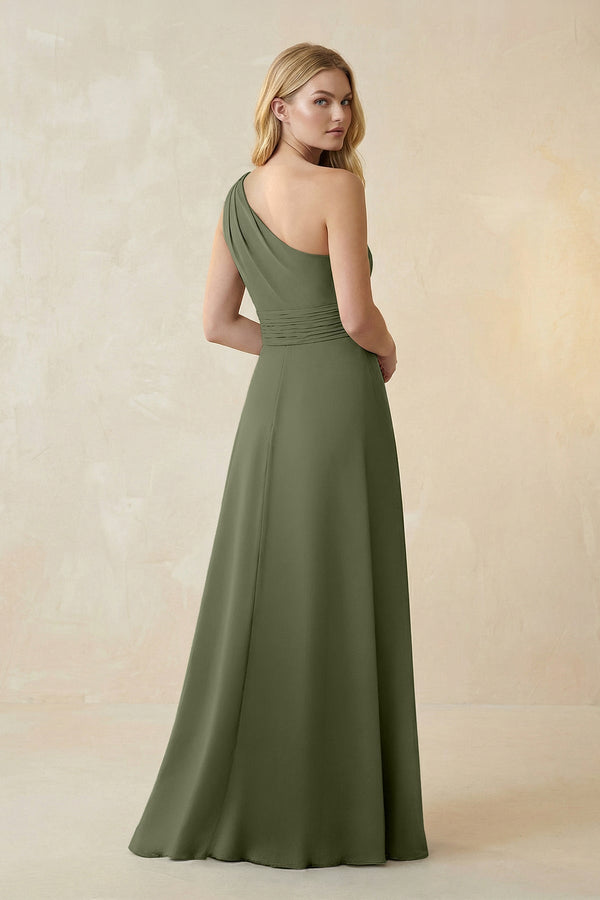 One - Shoulder Ruched A - Line Satin Bridesmaid Dress in Willow Green - KissProm Bridesmaid Dresses