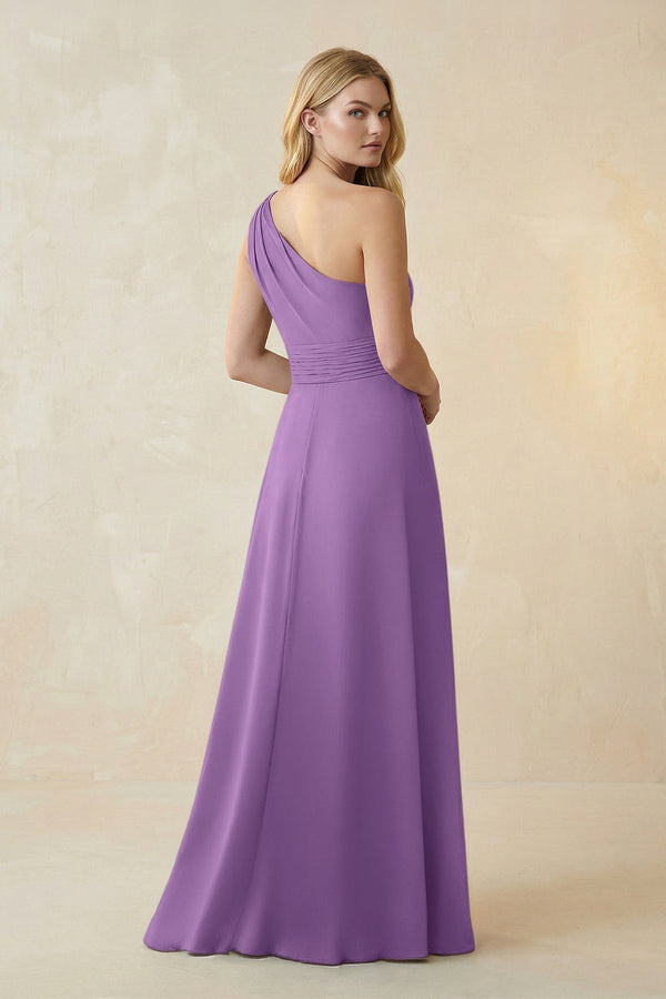 One - Shoulder Ruched A - Line Satin Bridesmaid Dress in Wisteria - KissProm Bridesmaid Dresses